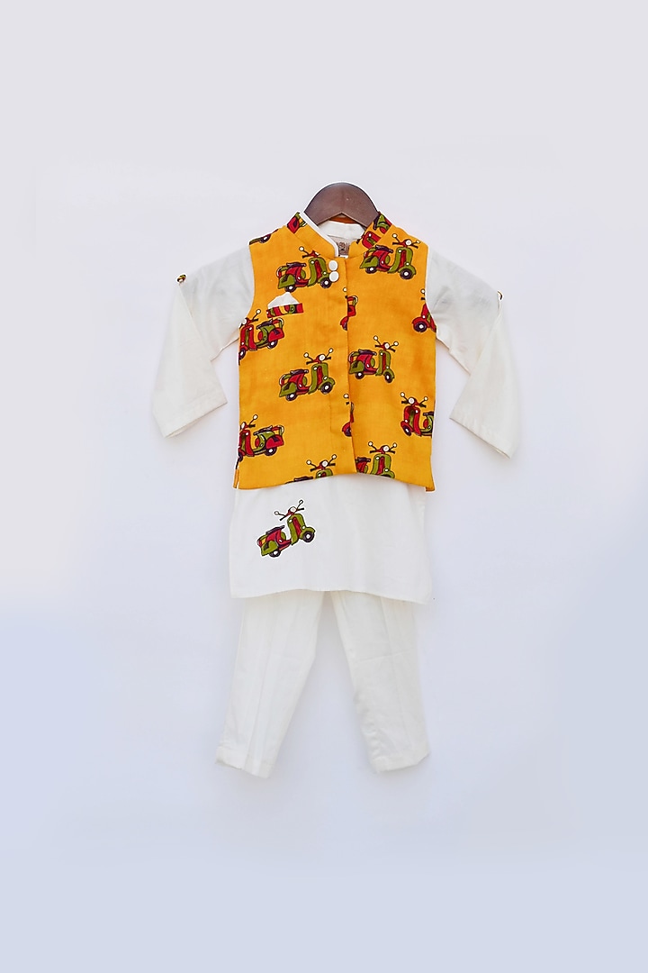 Orange Cotton Silk Printed Nehru Jacket Set For Boys by Fayon Kids at Pernia's Pop Up Shop