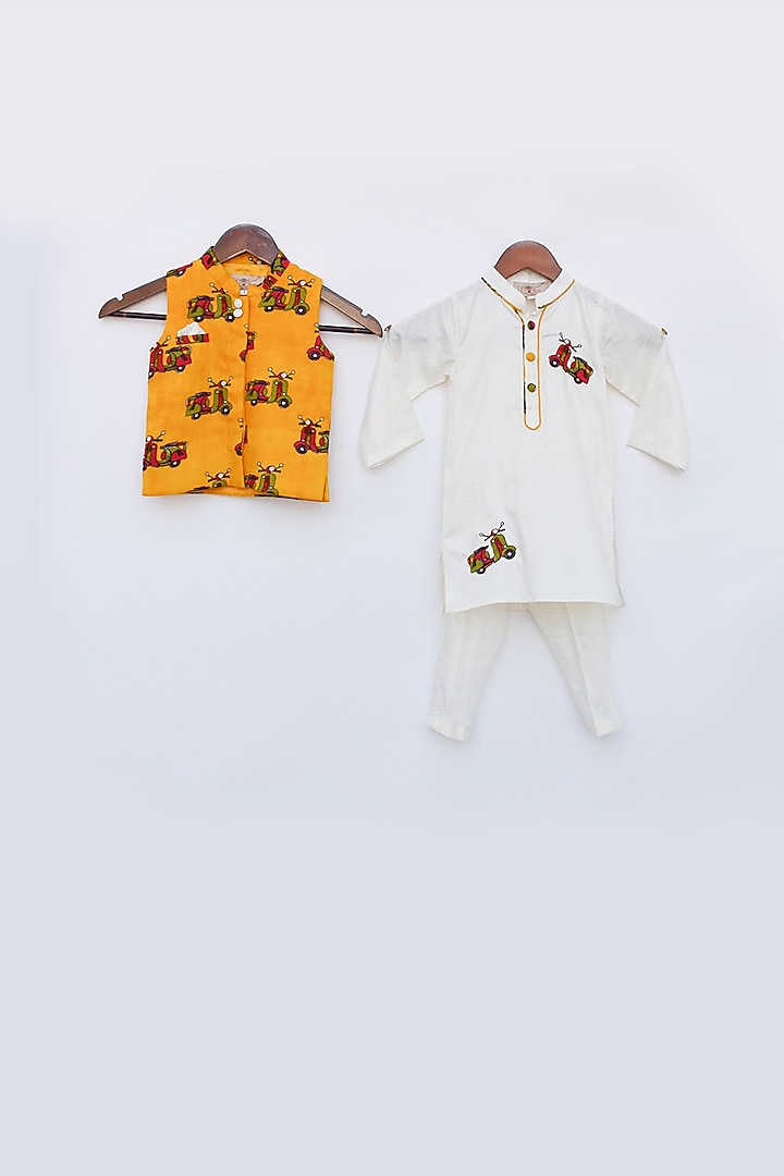 Orange Cotton Silk Printed Nehru Jacket Set For Boys by Fayon Kids at Pernia's Pop Up Shop