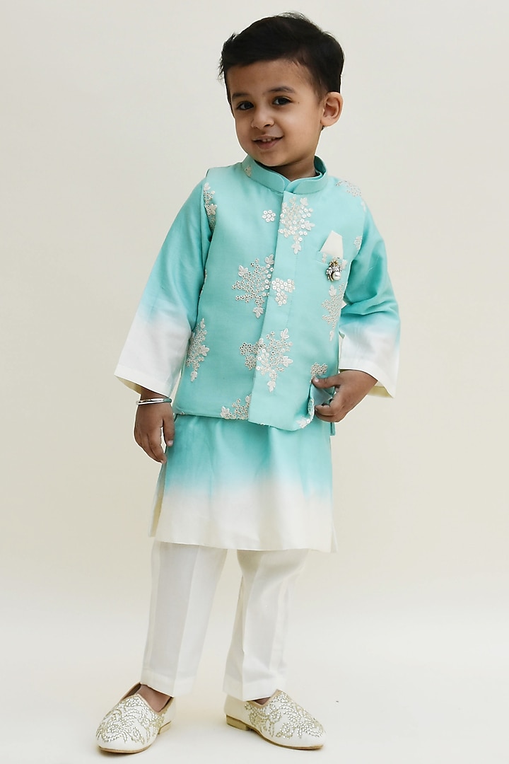 Aqua Blue Cotton Silk Embroidered Jacket With Kurta Set For Boys by Fayon kids