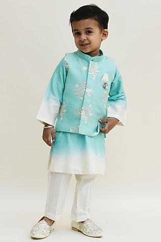 Aqua Blue Cotton Silk Embroidered Jacket With Kurta Set For Boys by Fayon Kids