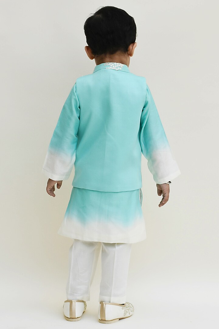 Aqua Blue Cotton Silk Embroidered Jacket With Kurta Set For Boys by Fayon Kids at Pernia's Pop Up Shop