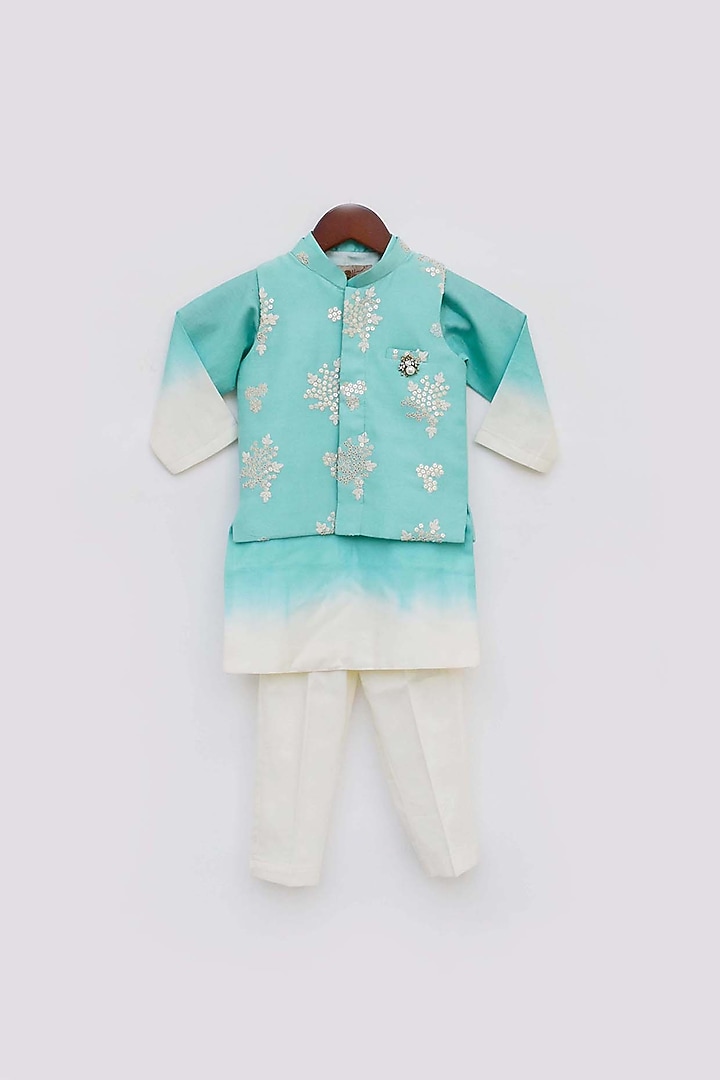 Aqua Blue Cotton Silk Embroidered Jacket With Kurta Set For Boys by Fayon Kids at Pernia's Pop Up Shop