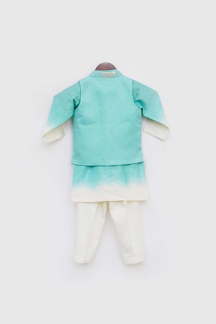 Aqua Blue Cotton Silk Embroidered Jacket With Kurta Set For Boys by Fayon Kids at Pernia's Pop Up Shop