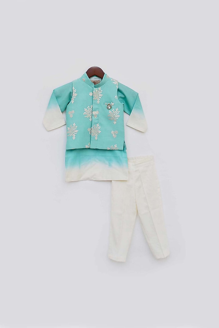 Aqua Blue Cotton Silk Embroidered Jacket With Kurta Set For Boys by Fayon Kids at Pernia's Pop Up Shop
