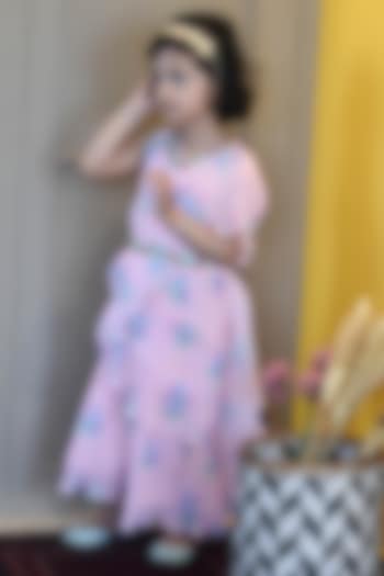 Peach Georgette Printed Pleated Dress For Girls by Fayon Kids at Pernia's Pop Up Shop