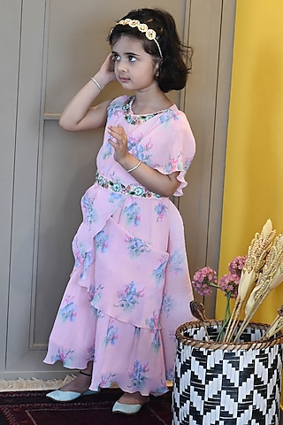 Peach Georgette Printed Pleated Dress For Girls by Fayon Kids