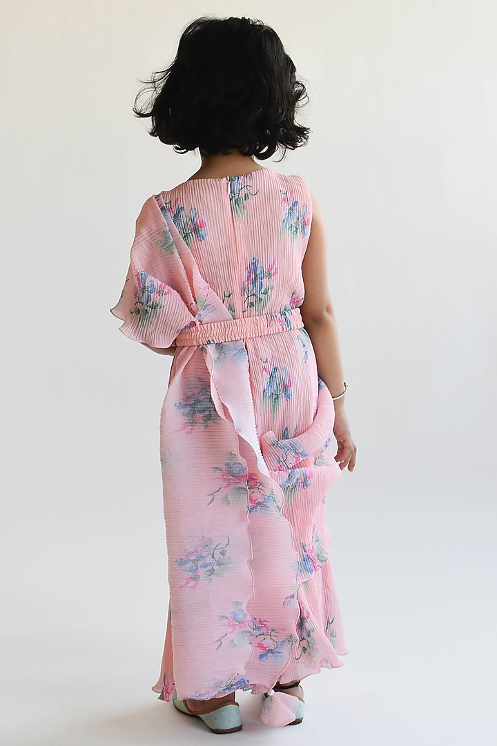 Peach Georgette Printed Pleated Dress For Girls by Fayon Kids at Pernia's Pop Up Shop