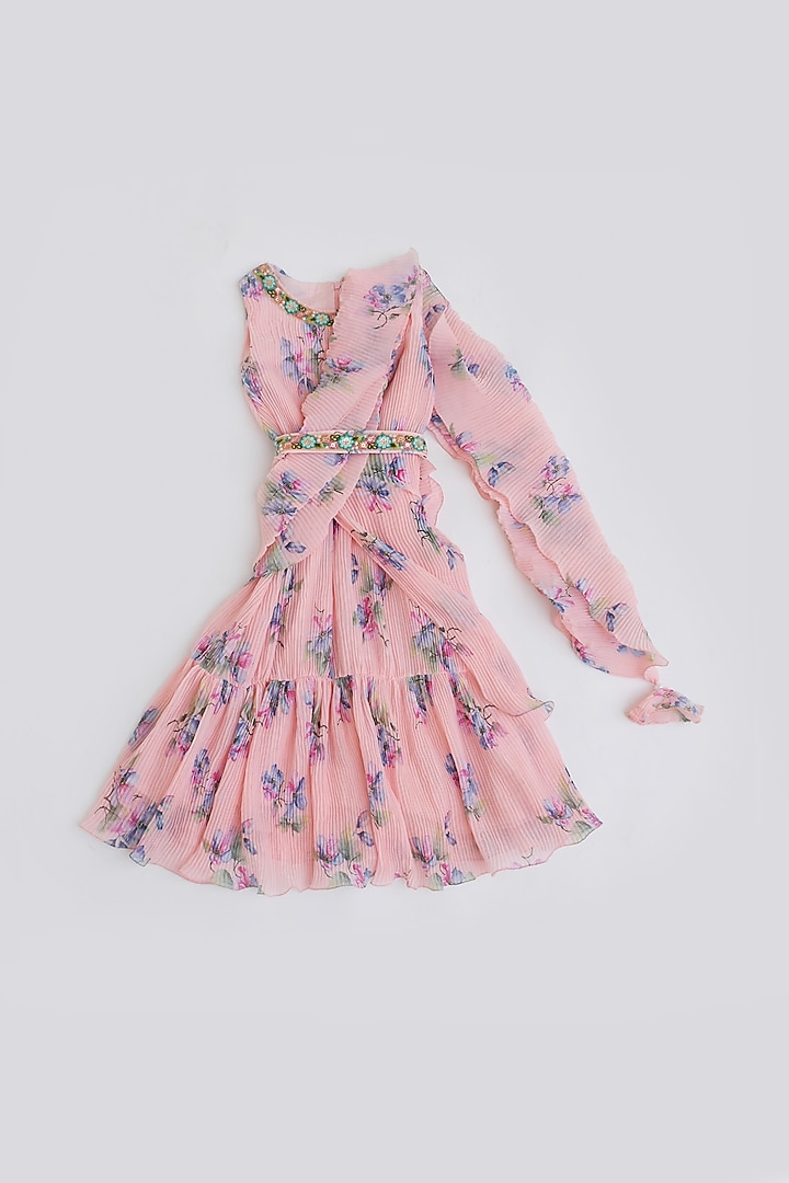 Peach Georgette Printed Pleated Dress For Girls by Fayon Kids at Pernia's Pop Up Shop