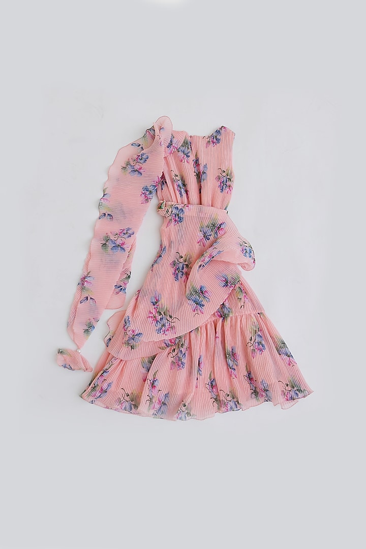 Peach Georgette Printed Pleated Dress For Girls by Fayon Kids at Pernia's Pop Up Shop