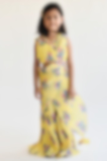 Yellow Georgette Printed Pleated Sharara Set For Girls by Fayon Kids