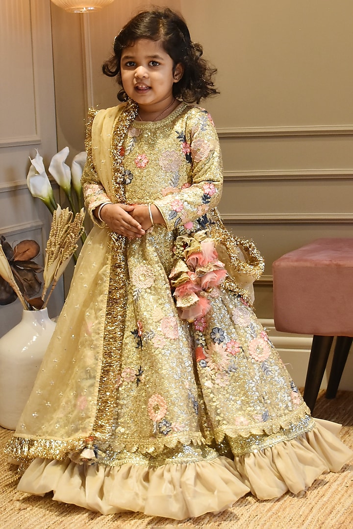 Dupatta Frock Suit For 11 Year Girl Golden Net Embroidered