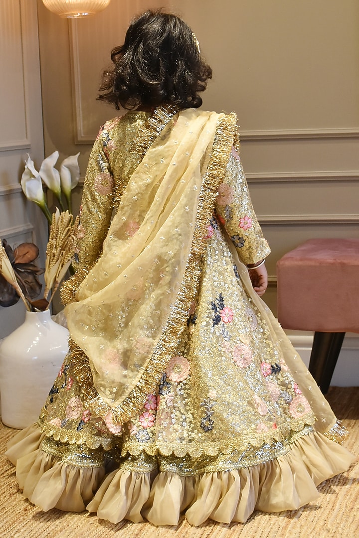 Golden Net Embroidered Anarkali With Dupatta For Girls by Fayon Kids at Pernia's Pop Up Shop