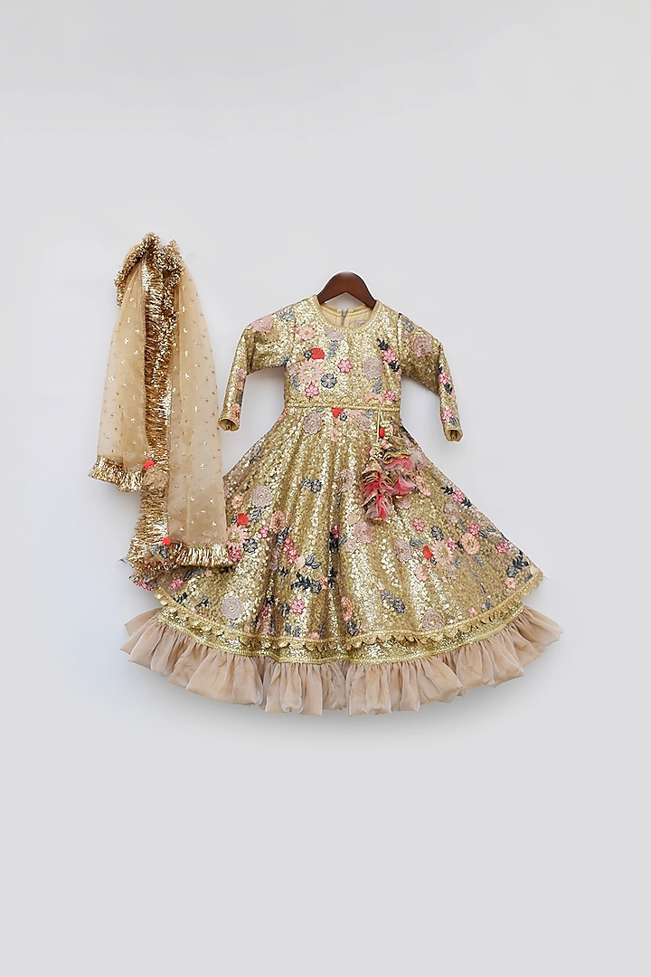 Golden Net Embroidered Anarkali With Dupatta For Girls by Fayon Kids at Pernia's Pop Up Shop