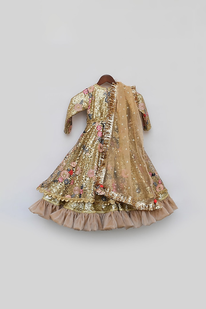 Golden Net Embroidered Anarkali With Dupatta For Girls by Fayon Kids