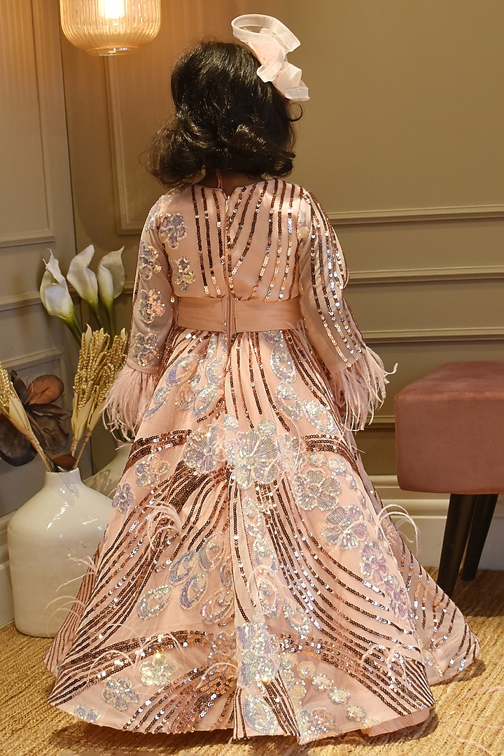 Peach Net Embroidered Gown For Girls by Fayon Kids at Pernia's Pop Up Shop