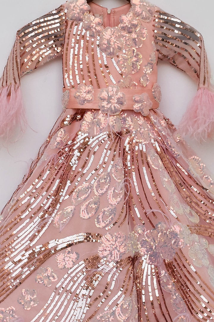 Peach Net Embroidered Gown For Girls by Fayon Kids at Pernia's Pop Up Shop