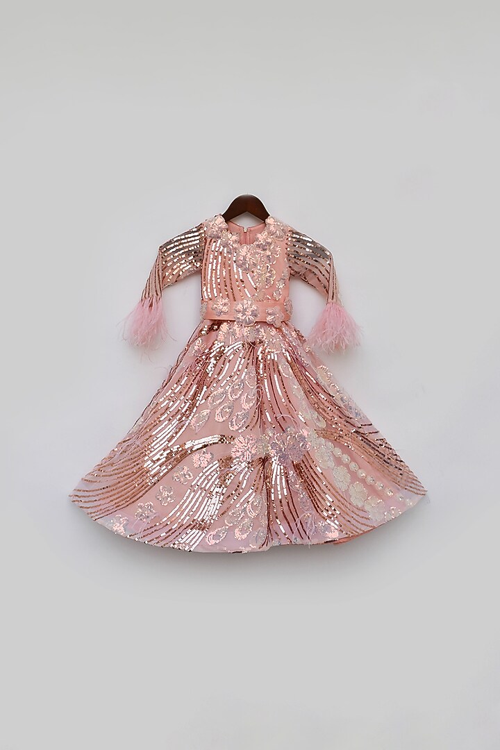 Peach Net Embroidered Gown For Girls by Fayon Kids at Pernia's Pop Up Shop