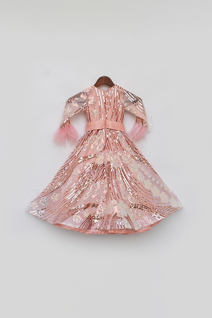 Peach Net Embroidered Gown For Girls by Fayon Kids at Pernia's Pop Up Shop
