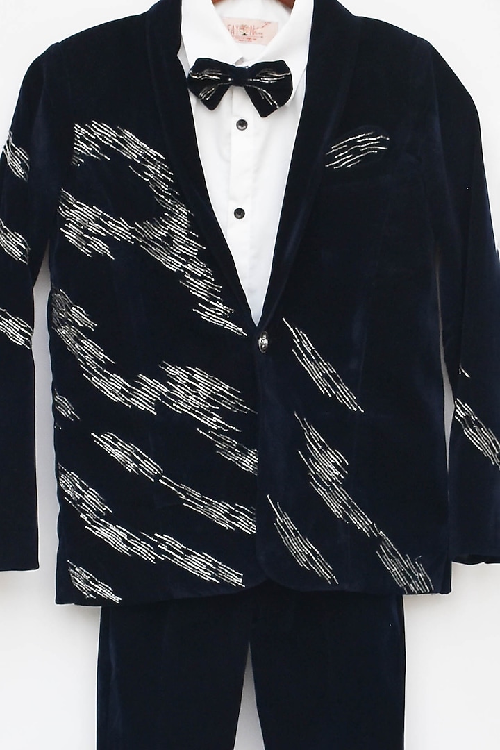 Dark Blue Velvet Blazer Set For Boys by Fayon Kids at Pernia's Pop Up Shop