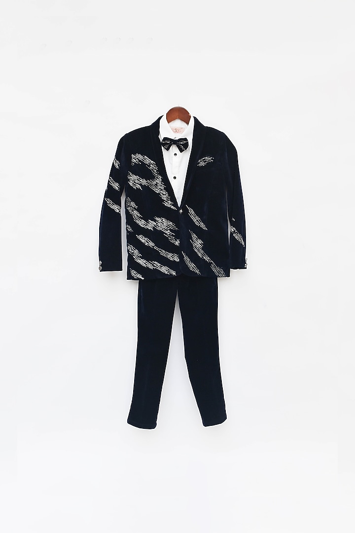 Dark Blue Velvet Blazer Set For Boys by Fayon Kids at Pernia's Pop Up Shop