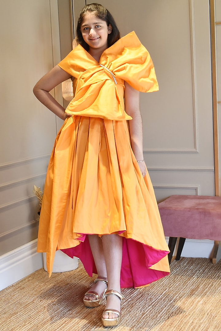 Orange Taffeta High-Low Gown For Girls by Fayon Kids at Pernia's Pop Up Shop
