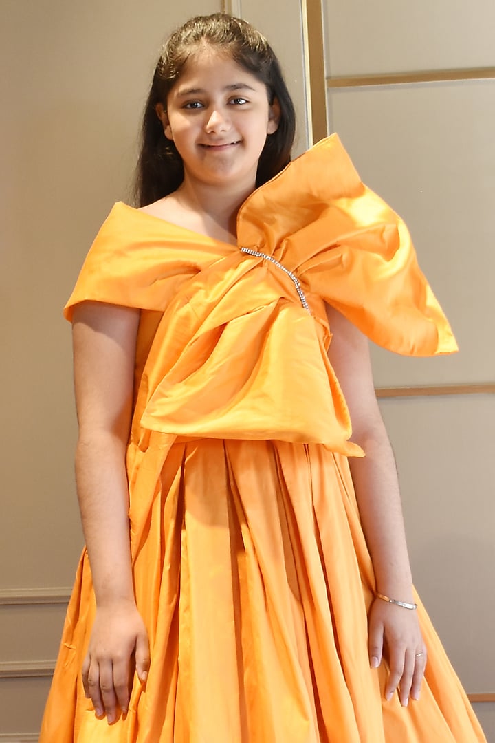 Orange Taffeta High-Low Gown For Girls by Fayon Kids at Pernia's Pop Up Shop