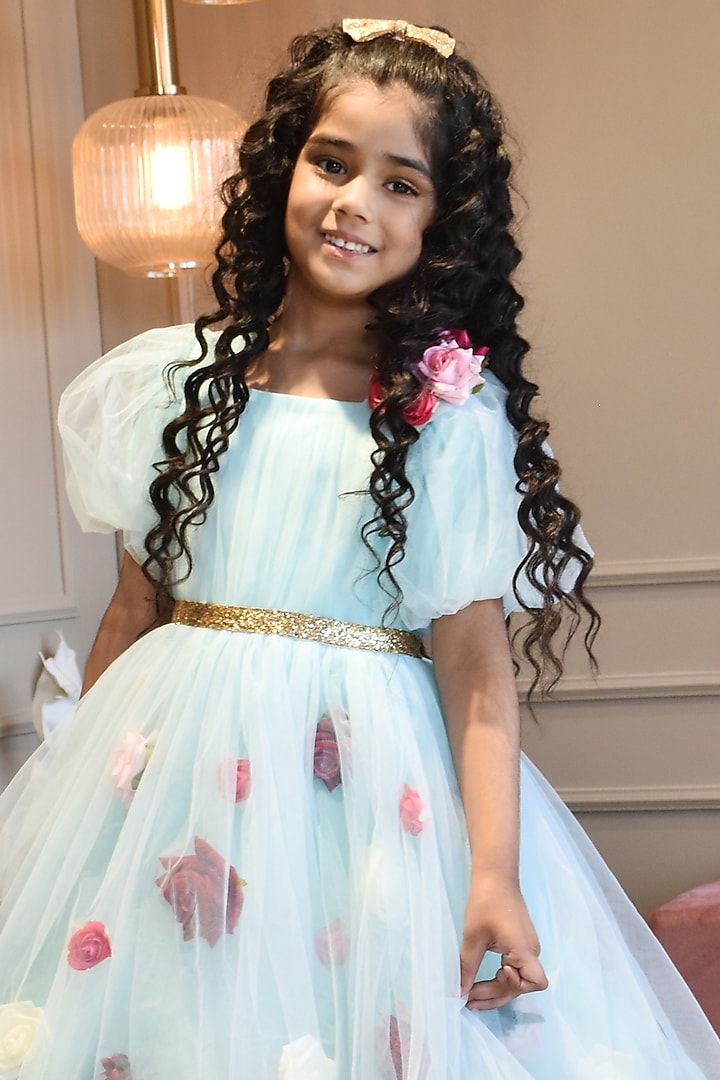 Blue Net Dress For Girls by Fayon Kids at Pernia's Pop Up Shop
