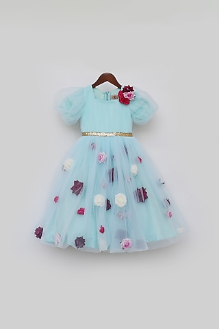 Blue Net Dress For Girls by Fayon Kids