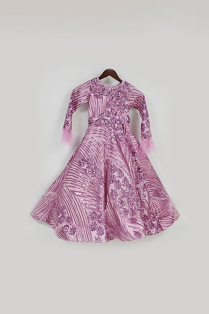 Pink Sequins Embroidered Gown For Girls by Fayon Kids