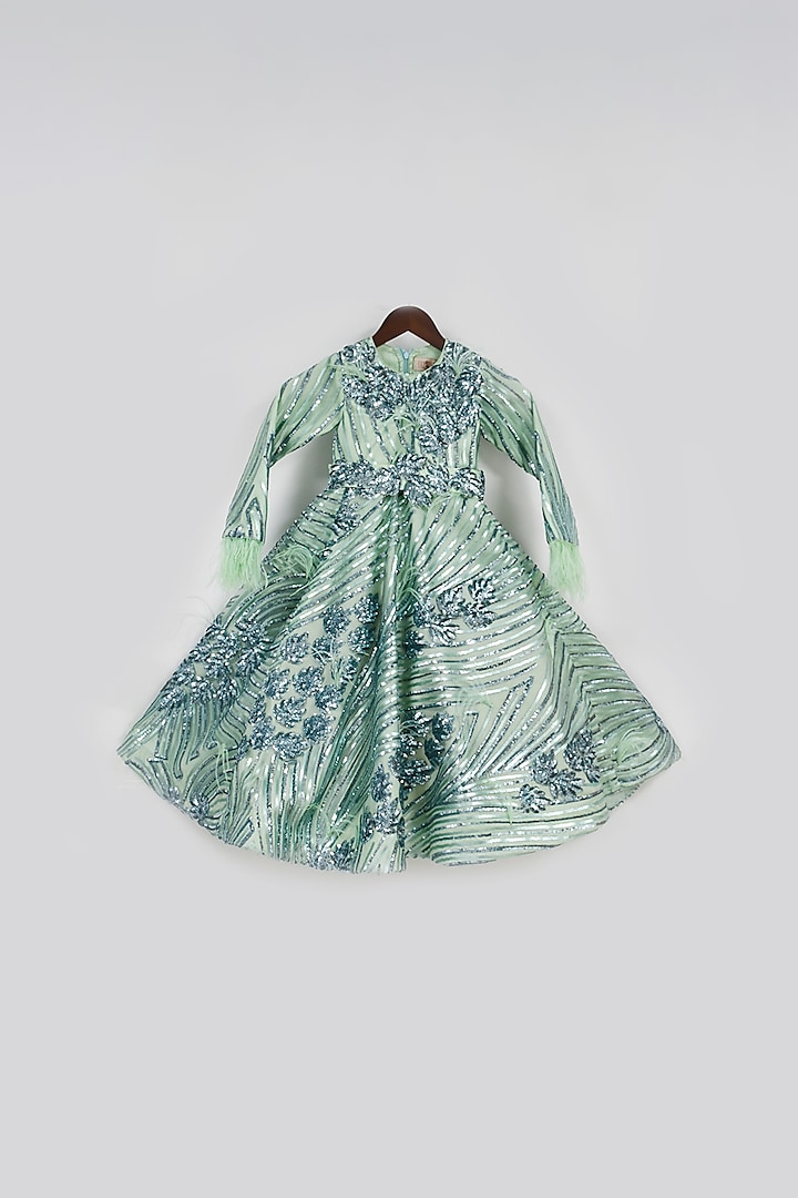 Green Sequins Embroidered Gown For Girls by Fayon Kids