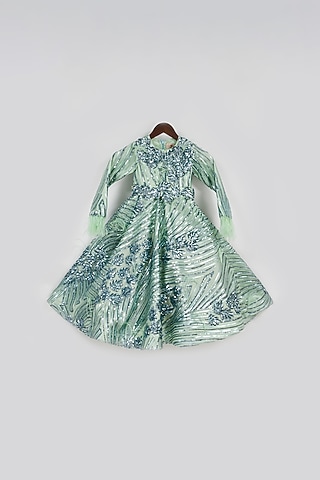 Green Sequins Embroidered Gown For Girls by Fayon Kids