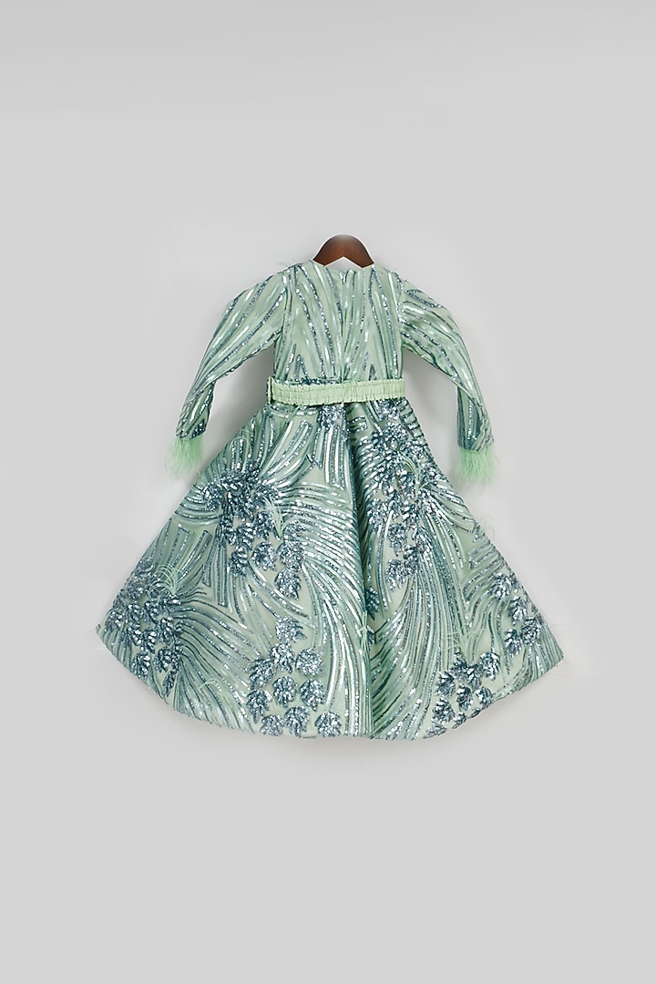 Green Sequins Embroidered Gown For Girls by Fayon Kids at Pernia's Pop Up Shop