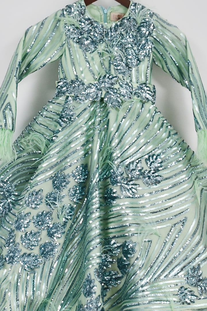Green Sequins Embroidered Gown For Girls by Fayon Kids at Pernia's Pop Up Shop