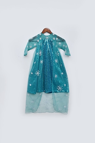 Blue Net Embroidered Dress For Girls by Fayon Kids