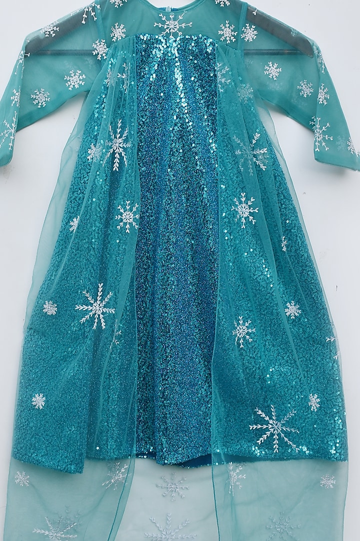 Blue Net Embroidered Dress For Girls by Fayon Kids at Pernia's Pop Up Shop