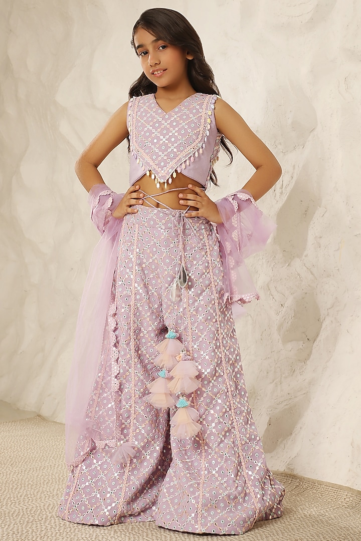 Lilac Georgette Embroidered Palazzo Pant Set For Girls by Fayon Kids at Pernia's Pop Up Shop