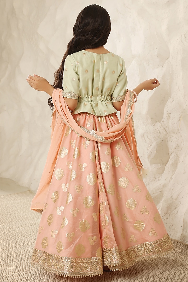 Peach Chanderi Lehenga Set For Girls by Fayon Kids at Pernia's Pop Up Shop