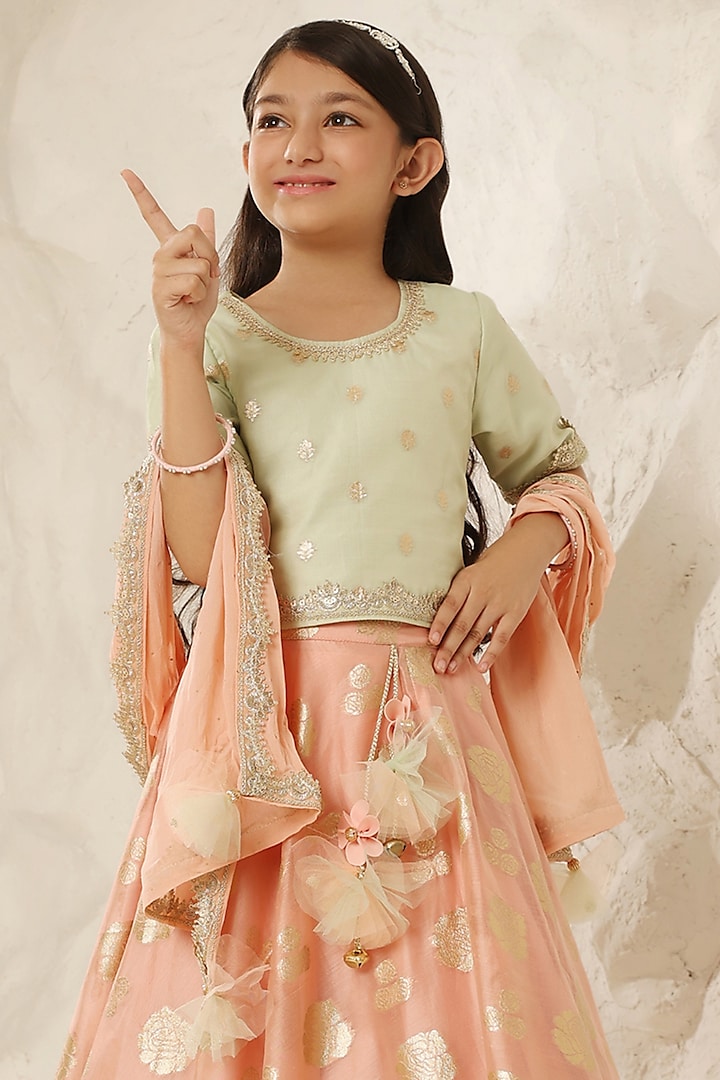 Peach Chanderi Lehenga Set For Girls by Fayon Kids at Pernia's Pop Up Shop