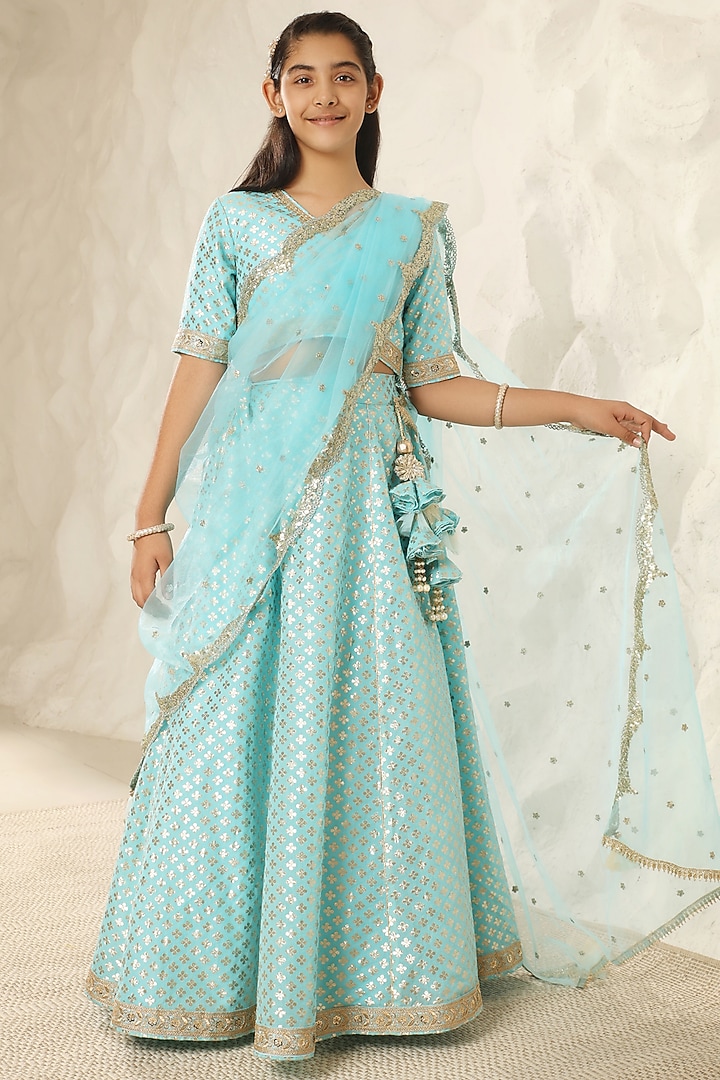Blue Chanderi Lehenga Set For Girls by Fayon Kids at Pernia's Pop Up Shop