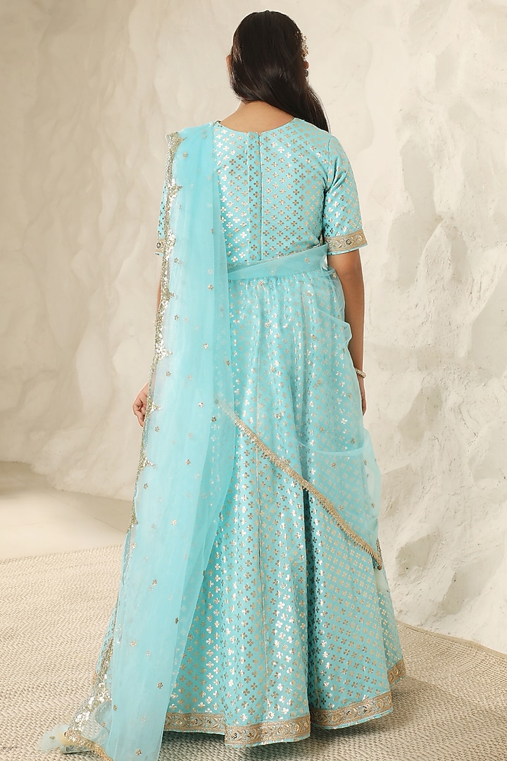 Blue Chanderi Lehenga Set For Girls by Fayon Kids at Pernia's Pop Up Shop