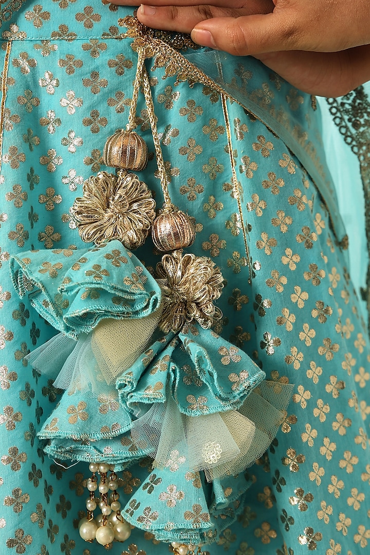 Blue Chanderi Lehenga Set For Girls by Fayon Kids at Pernia's Pop Up Shop