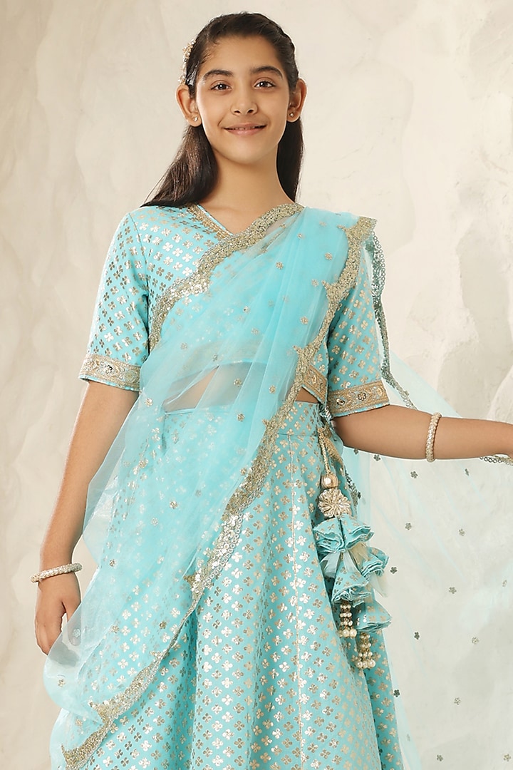 Blue Chanderi Lehenga Set For Girls by Fayon Kids at Pernia's Pop Up Shop