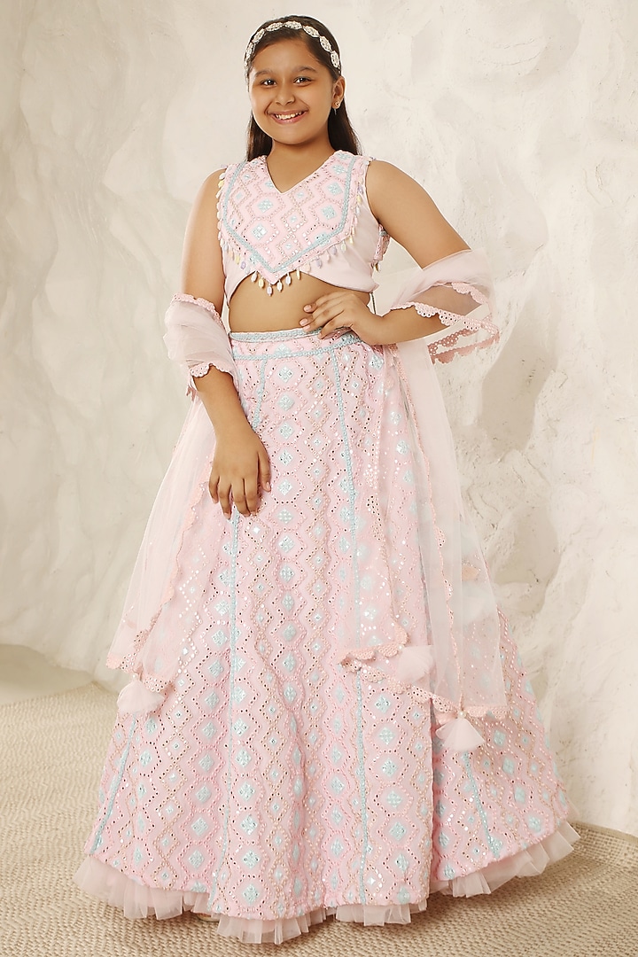 Baby Pink Georgette Embroidered Lehenga Set For Girls by Fayon Kids at Pernia's Pop Up Shop