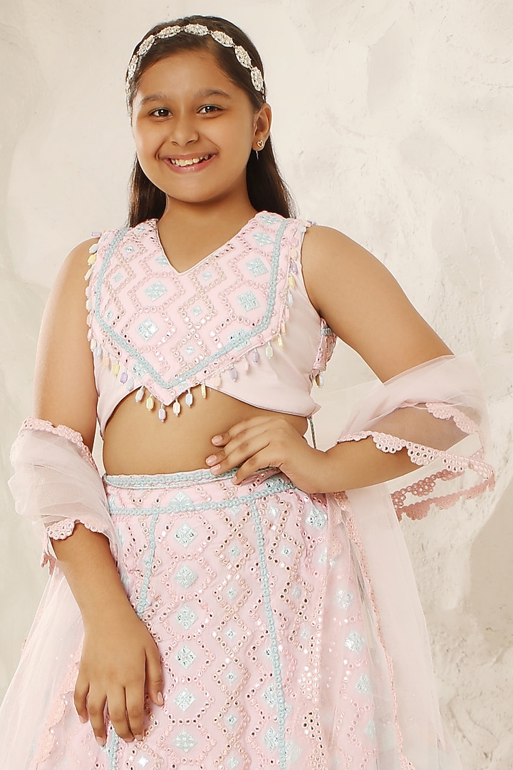 Baby Pink Georgette Embroidered Lehenga Set For Girls by Fayon Kids at Pernia's Pop Up Shop