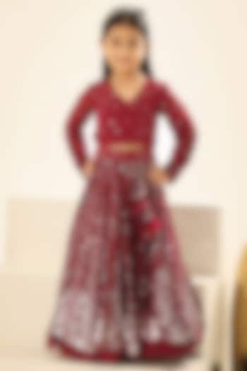 Maroon Georgette Embroidered Lehenga Set For Girls by Fayon Kids at Pernia's Pop Up Shop