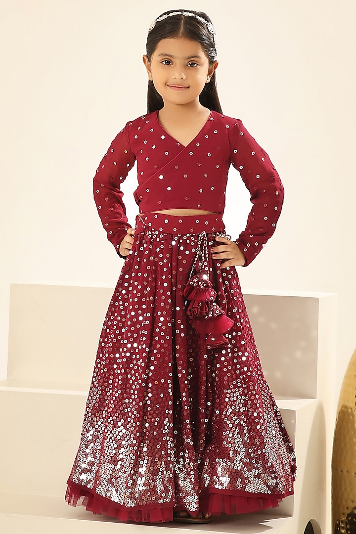 Maroon Georgette Embroidered Lehenga Set For Girls by Fayon Kids at Pernia's Pop Up Shop