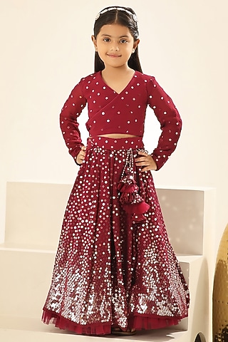 Maroon Georgette Embroidered Lehenga Set For Girls by Fayon Kids