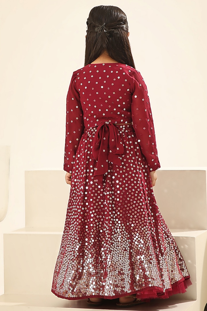 Maroon Georgette Embroidered Lehenga Set For Girls by Fayon Kids at Pernia's Pop Up Shop
