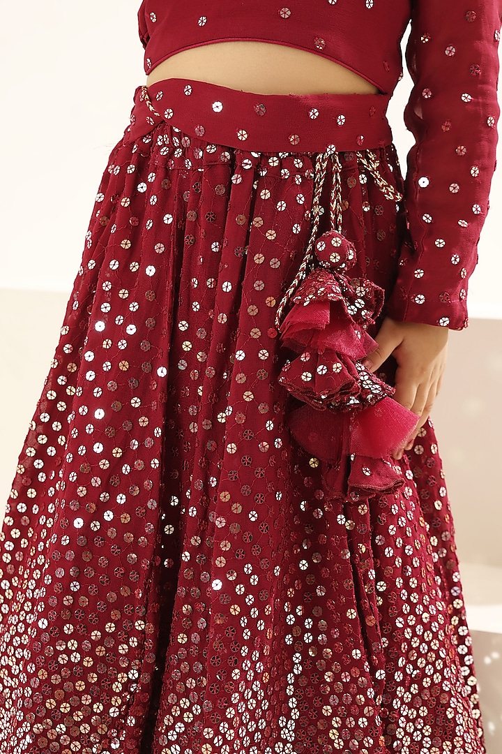 Maroon Georgette Embroidered Lehenga Set For Girls by Fayon Kids at Pernia's Pop Up Shop