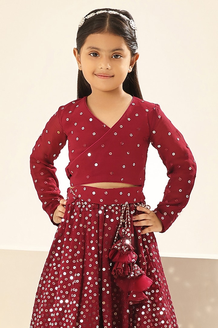 Maroon Georgette Embroidered Lehenga Set For Girls by Fayon Kids at Pernia's Pop Up Shop